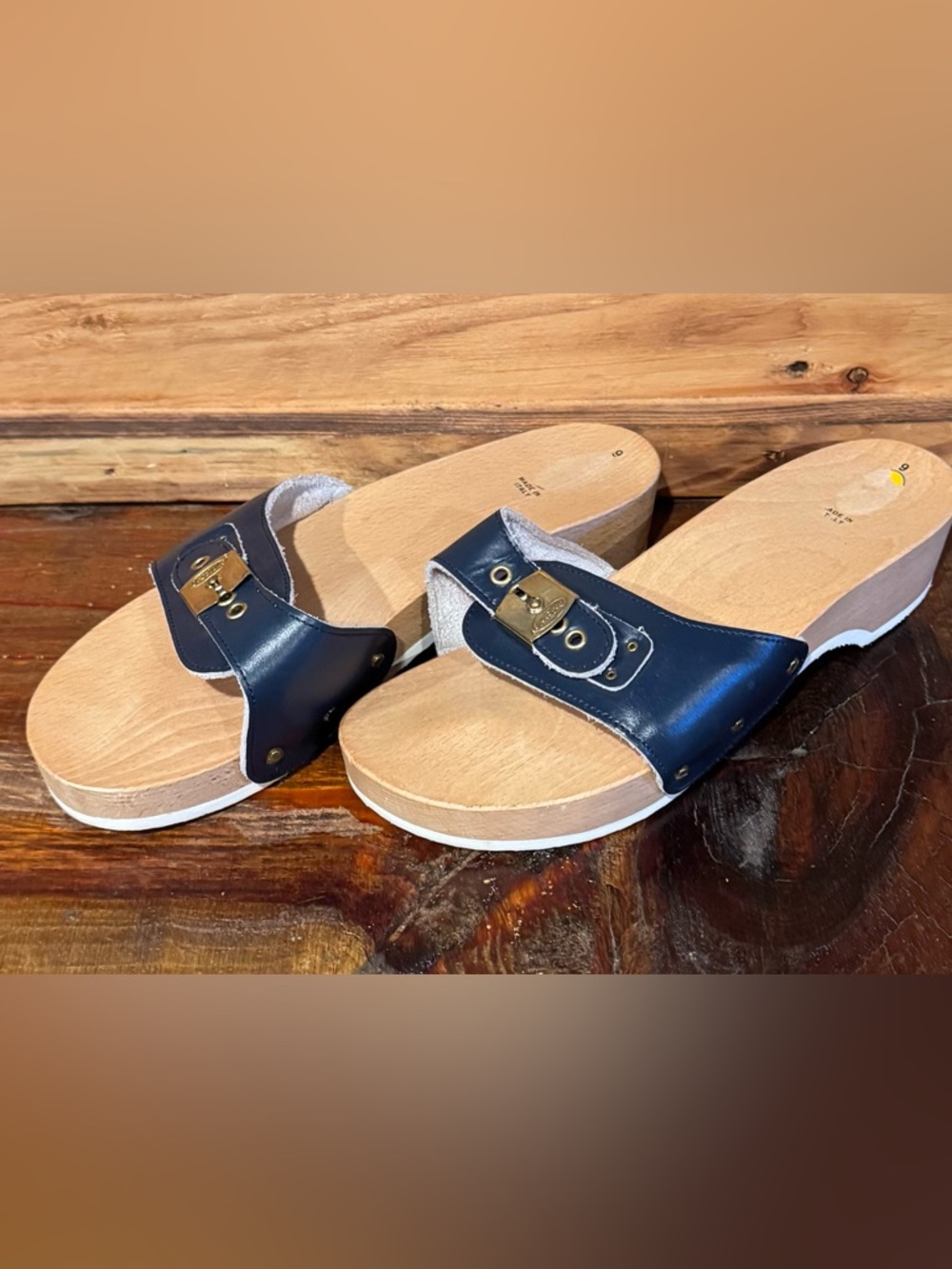 Dr. Scholl’s  Classic Navy Leather Wood Slide Sandals - Picture 3 of 5